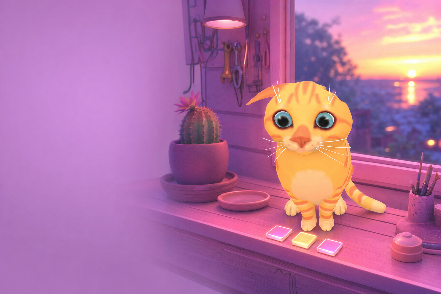 Tiny, an orange tabby cat with wide blue eyes, sitting on a pink windowsill at dusk beside three glowing squares